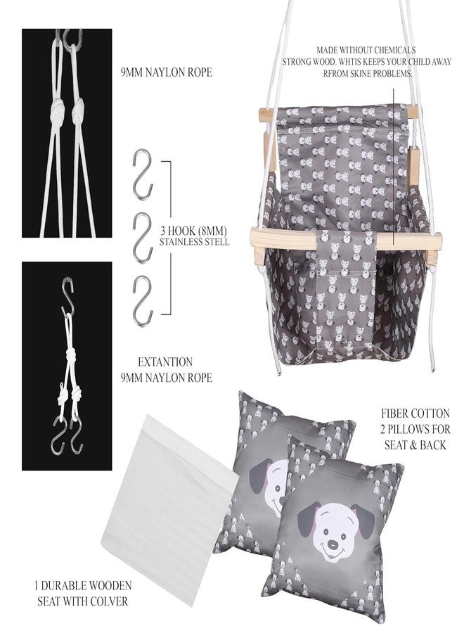 BOFFLE Baby Swing Hanging Indoor Outdoor, Wooden Swing, Baby Garden Swing, Jhula with 2 Pillow (Grey Dog) - Image 4